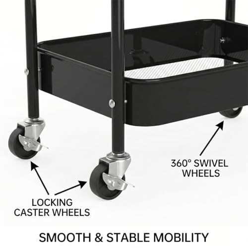 3-Tier Rolling Utility Cart with Ergonomic Handles and Mesh Bottom - Metal Storage Organizer Mobile Shelf Unit on Wheels for Kitchen, Bathroom, Office, Pantry, and Nursery, Black