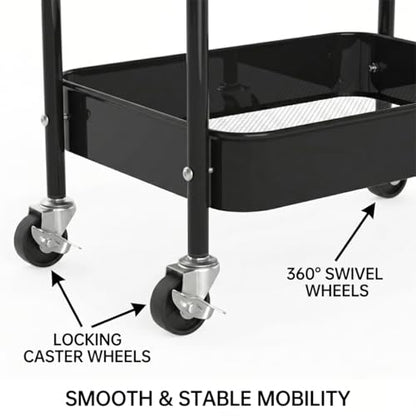 3-Tier Rolling Utility Cart with Ergonomic Handles and Mesh Bottom - Metal Storage Organizer Mobile Shelf Unit on Wheels for Kitchen, Bathroom, Office, Pantry, and Nursery, Black