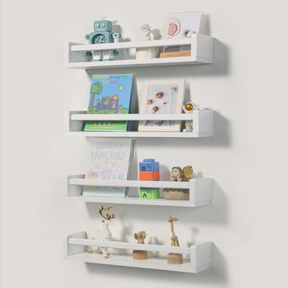 Nursery Room Shelves Set of 4, Wood Floating Book Shelves for Kids Room, Baby Book Shelf for Nursery, Kitchen Spice Rack (Classic White) - color: White