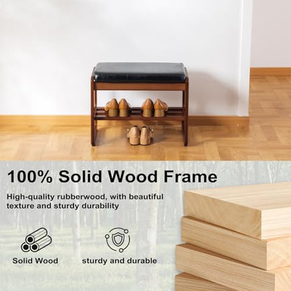 SOBIBO Solid Wood Shoe Bench, 2-Tier Wooden Entryway Bench, Modern Shoe Rack with Cushion for Hallway, Living Room (Black, 21.65'') - color: Black, size: 21.65 inches