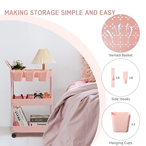 danpinera Slim Storage Cart, 3 Tier Narrow Rolling Cart on Wheels Bathroom Organizer with Dividers Handle Hanging Cups Hooks for Laundry Room Kitchen Small Spaces, Pink - style: 3 Tier Pink