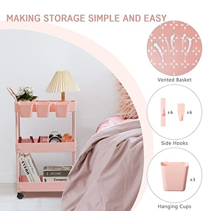 danpinera Slim Storage Cart, 3 Tier Narrow Rolling Cart on Wheels Bathroom Organizer with Dividers Handle Hanging Cups Hooks for Laundry Room Kitchen Small Spaces, Pink - style: 3 Tier Pink