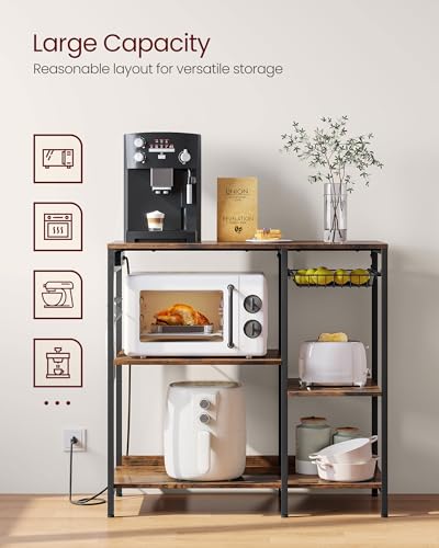 VASAGLE Baker's Rack, Coffee Bar Stand with Charging Station, 35.6 Inches Tall, Storage Shelves, Pull-Out Wire Basket, Table for Microwave, Kitchen, Rustic Brown and Ink Black UKKS036K01 - color: Rustic Brown + Ink Black, style: With Power Outlet