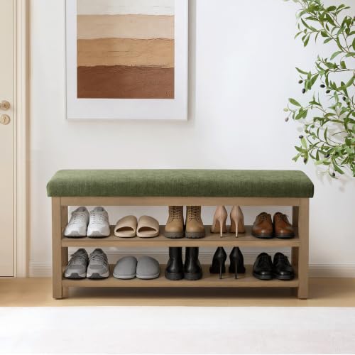 Zihanhome Shoe Rack Bench with Cushion, 2 Tier Solid Wood Storage Bench, Mid-Century Modern Shoe Bench for Entryway, Hallway, Closet, Front Door Entrance, Foyer (Green, 46.5") - color: Green Fabric, size: 46.5"