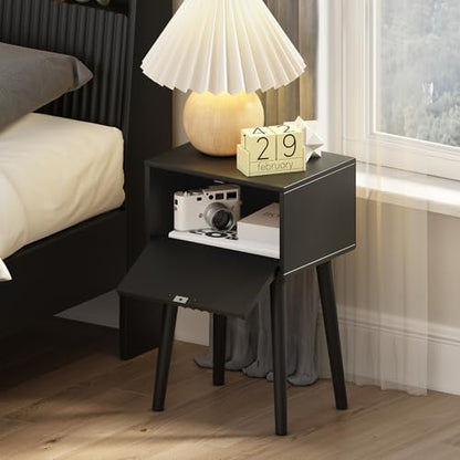 LAATOOREE Nightstands Set of 2, Small Side Table, Bedside Table with Fluted Door, Solid Wood Feet, Modern Mid-Century End Table for Bedroom, Small Space, Black - color: Black, style: Fluted Style
