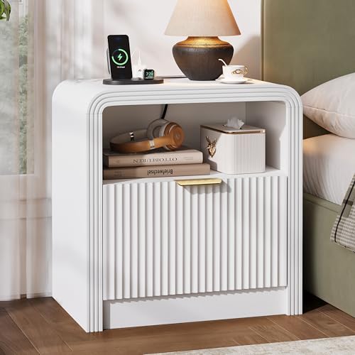Decofy 23'' Wide Fluted Nightstand with Charging Station, Beside Table with Drawers & Open Shelf, Mordern Large Night Stand with Curved Corners, Wood End Table for Bedroom, White - color: White, size: 1 Pack