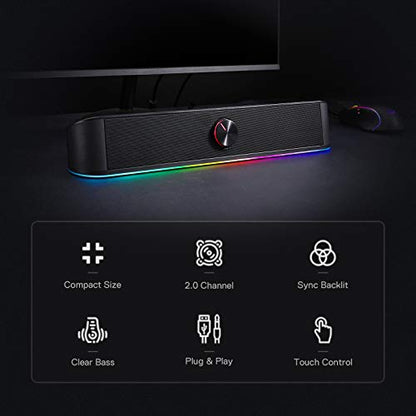 Redragon GS560 RGB Desktop Soundbar, 2.0 Channel Computer Speaker with Dynamic Lighting Bar Audio-Light Sync/Display, Touch-Control Backlit with Volume Knob, USB Powered w/ 3.5mm Cable, Black - color: Black