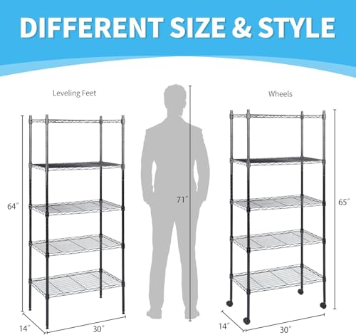Simple Deluxe 5-Tier Storage Shelves, 29.92" W x 13.78" D x 65 "H Adjustable Heavy Duty Wire Shelving, 1250 Lbs Loading Capacity, Black - color: Black, size: 5-Tier, 30"W x 14"D x 65"H