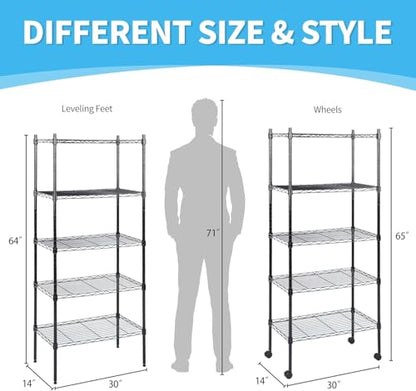 Simple Deluxe 5-Tier Storage Shelves, 29.92" W x 13.78" D x 65 "H Adjustable Heavy Duty Wire Shelving, 1250 Lbs Loading Capacity, Black - color: Black, size: 5-Tier, 30"W x 14"D x 65"H