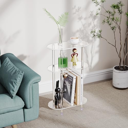 Clear Acrylic Narrow Side Table for Small Spaces, 15.75" L x 7.87" W x 24.6" H, 3 Tier Oval Slim End Table Nightstand, Small Minimalist Skinny Bedside Table for Bedroom, Bathroom, Living Room - size: 3 Tier 1-Pack 24.6"H