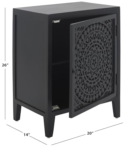 SAFAVIEH Furniture - Thea 1-Door Carved Nightstand - Black - Mango Wood - Artisan Global Design - Ideal for Bedroom, 20" W x 14" D x 26" H - Fully Assembled (NST5300D) - color: Black