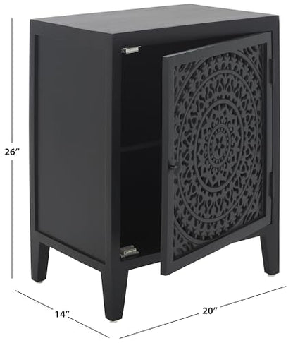 SAFAVIEH Furniture - Thea 1-Door Carved Nightstand - Black - Mango Wood - Artisan Global Design - Ideal for Bedroom, 20" W x 14" D x 26" H - Fully Assembled (NST5300D) - color: Black