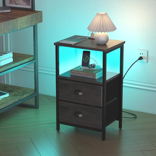 sthmec Nightstand with Charging Station, LED Night Stand Set of 2, Bedside Table End Table with Drawer, Bedroom Tables with 2 Fabric Drawers, 3-Tier Storage Side Table for Bedroom, Black Oak - color: Black Oak