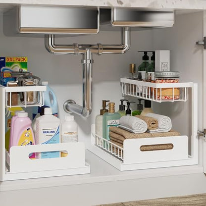 REALINN Under Sink Organizer, Pull Out Cabinet Organizer, 2 Tier Metal Slide Out Shelf with L Shaped Design for Kitchen, Bathroom, Laundry, and Utility Cabinet Storage for Deep Cabinets, White, 2 Pack | Slide Out Under Cabinet Storage, For Kitchen and Bat