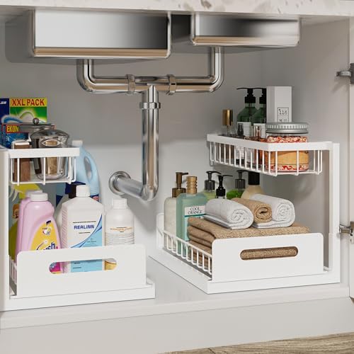 REALINN Under Sink Organizer, Pull Out Cabinet Organizer, 2 Tier Metal Slide Out Shelf with L Shaped Design for Kitchen, Bathroom, Laundry, and Utility Cabinet Storage for Deep Cabinets, White, 2 Pack | Slide Out Under Cabinet Storage, For Kitchen and Bat