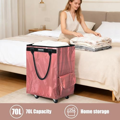 Reusable Grocery Bag Tote Bag with Wheels, Foldable Rolling Tote Bag with 3 Handles and Zipper - color: Pink, size: Medium