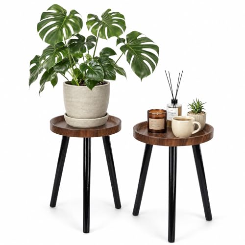 Indoor plant stand, walnut-colored medieval-style wooden plant table, tall planter stand, modern round side table, suitable for living room, bedroom, and balcony decoration (2 pcs) - color: Walnut Finish