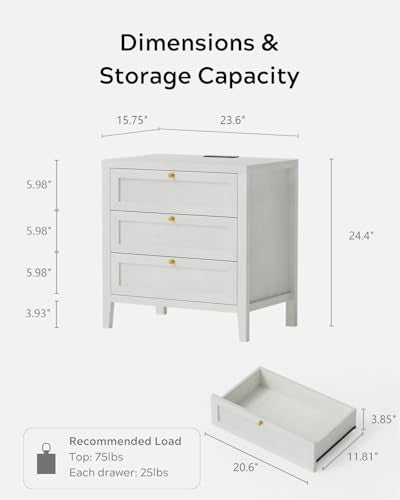 Large Nightstand Set of 2 with 3 Drawers, Farmhouse Bedside End Table with Charging Station, Modern Wood Night Stand for Sofa, Bedroom, Antique White - color: Antique White, size: 2 PCS (3 Drawers)