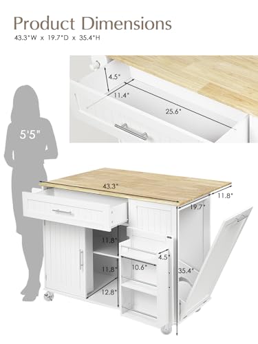 Kitchen Island with Storage, 43.3" Rolling Kitchen Island Cart on Wheels with Wide Drop Leaf Rubberwood Top, Large Mobile Island Table with Trash Can Storage and Towel Bar, White - size: Large Kitchen Island, style: Modern White