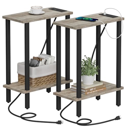 TUTOTAK Narrow Side Table Set of 2, Small End Table with Charging Station | 2-Tier Skinny Sofa Table, Slim Nightstand, Easy Assembly for Living Room, Bedroom, Greige TB01BG0602 - color: Greige, size: 2-tier