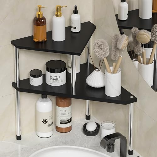 Weenson Bathroom Counter Organizer Over Sink for Toiletries, Makeup, Kitchen Countertop Organizer Spice Rack for Salt, 2-Tier Corner Counter Shelf for Coffee Area Storage Dresser Table(Black) - color: Black
