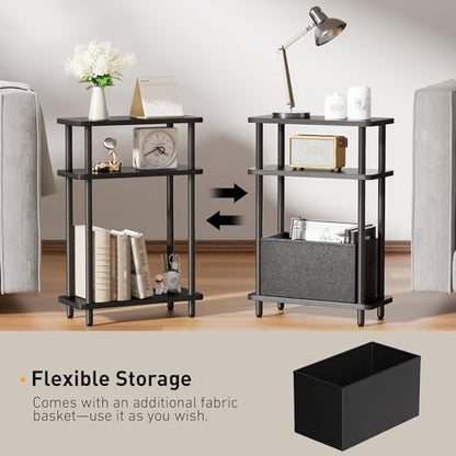 THUMEYE Narrow Side Table with Fabric Basket, 7" Wide, 3 Tier Skinny End Table with Wood Legs, Slim Nightstand/Bedside Table for Small Spaces, with Adjustable Feet, 15.7" L x 23" H - color: Black