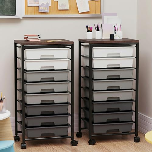 Rolling Cart with 8 Drawers, Storage Drawers Cart with Wooden Tabletop and Lockable Wheels, Craft Storage for Living Room, Office, Classroom, Craft Room, Bedroom (Gray) - color: Gray