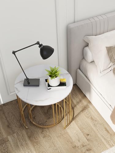 Nesting Coffee Table Set of 2, Round Table, Morden End Side Table Night Stand for Bedroom Dining Room (Marble White) - color: White
