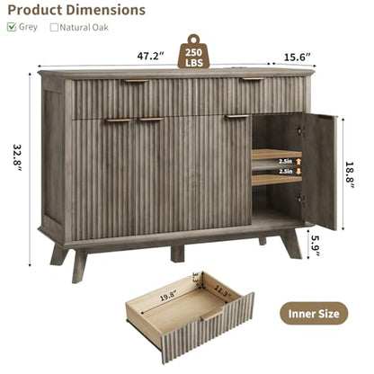 QUW Fluted Buffet Sideboard Cabinet with Storage, 47.2" Kitchen Cabinet with Drawers and Adjustable Shelves, Modern Coffee Bar with Charging Station, for Dining Room, Living Room, Grey