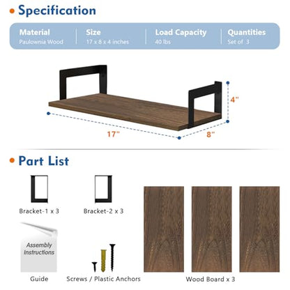 Harwaya Floating Book Shelves for Wall Set of 3, 17 x 8 Inch Deep Wooden Wall Bookshelf for Bedroom Office, Rustic Wood Hanging Wall Shelves for Living Room Kitchen (Dark Brown) - color: Rustic Brown