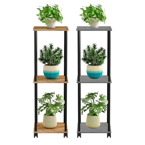 HAYOFAMY 3 Tier Oak Grey Plant Stand Indoor with Wheels 37.2” Tall | Movable Plant Shelf, Metal Wood Multiple, Flower Pot Holder for Living Room Office Balcony Patio