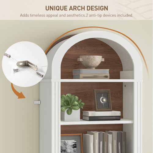 RALGEND Arched Bookshelf, 75.8" Tall Narrow Bookshelf, Arch Bookcase with Storage, 6-Tier Farmhouse Book Shelf, Wooden Arched Cabinet with Open Display Shelves, Adjustable Shelf, Walnut and White - color: White + Walnut, size: 18.9"L x 11.8"W x 75.8"H