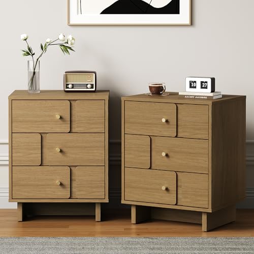 RoyalCraft 3 Drawer Nightstand, 19.69W x 15.35D x 24.80H Inch Wood Bedside Table with 110LBS Load Capacity, End Table Storage Cabinet for Bedroom, Study, Natural Oak Nightstand