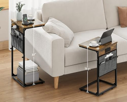 Vagusicc C-Shaped End Table with Charging Station, Small Side Table for Couch, 33" Tall C Table Adjustable Height Side Table, Couch Tables that Slide Under, Sofa Table TV Tray for Living Room, Brown - color: 1pc Rustic Brown