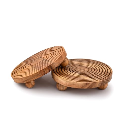 EDHAS Pedestals Acacia Wood Set of 2 Round Pedestal Riser Board for Display, Farmhouse Décor Displays Your Plant Bottles Candles for Your Home (6" X 6" X 1.5")