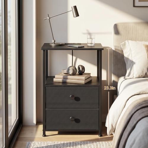 LOAKEKEL Night Stand, Nightstands Set of 2 with Charging Station | Bedside Table with 2 Fabric Drawers for Bedroom, End Tables with Storage Shelf for Small Spaces, Black - color: Black, style: Power