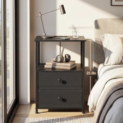 LOAKEKEL Night Stand, Nightstands Set of 2 with Charging Station | Bedside Table with 2 Fabric Drawers for Bedroom, End Tables with Storage Shelf for Small Spaces, Black - color: Black, style: Power