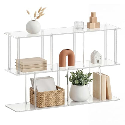 3-Tier Acrylic Clear Bookshelf 11.8''D X 47.2''W X 24.6''H Horizontal Bookshelf with Large Storage Cube Organizer Shelf Easy Assembly for Home Office Living Room Bedroom