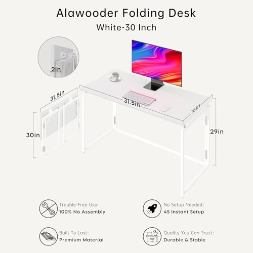 31.5" Folding Desk: No Assembly, Wood Top for Small Spaces | Home office desk, holds 150 lbs, folds flat to 2.3 in, splash-proof wood top, sturdy metal frame - color: White, size: 31.5"W x 15.7"D