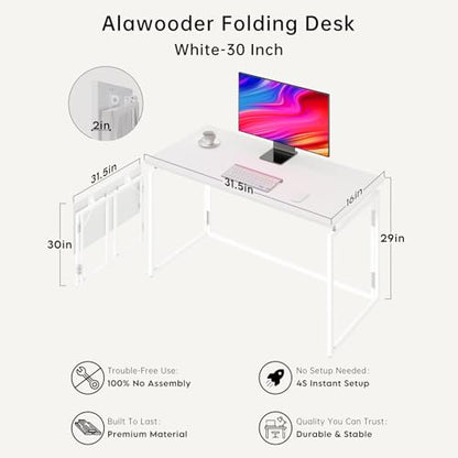 31.5" Folding Desk: No Assembly, Wood Top for Small Spaces | Home office desk, holds 150 lbs, folds flat to 2.3 in, splash-proof wood top, sturdy metal frame - color: White, size: 31.5"W x 15.7"D