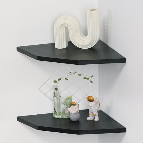 Joiishom Wood Corner Wall Shelves Set of 2, Solid Wood Corner Floating Shelves, Round End Wall Mounted Floating Corner Shelf for Bedroom, Living Room and Kitchen (Black-12 inch) - size: Black-12 inch