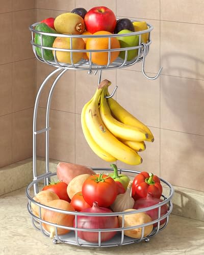 Sevenblue 2 Tier Modern Fruit Basket for Kitchen Counter, Silvery | Space-Saving Vertical Storage for Veggies, Bread, Snacks, Fits Under Cabinets, includes 2 banana hooks and protective mats - color: Silvery, size: 2 Tier