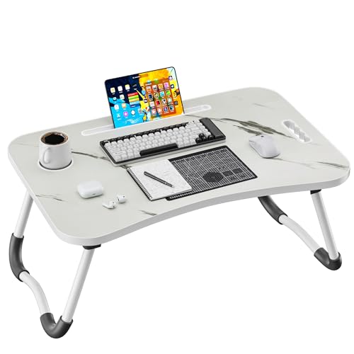 Folding Lap Desk, 23.6 Inch Wood Laptop Bed Desk with Cup Holder, Portable Bed Table for Working Writing Reading & Eating for Bed, Sofa, Couch, Floor - White&Black - color: White&black