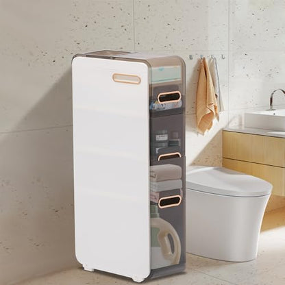 Plastic Narrow Storage Cabinet, Vertical Bathroom Storage Unit 4-Tier Slim Organizer Tower with Toilet Paper Holder Side Unit for Towels Shampoo Cosmetics