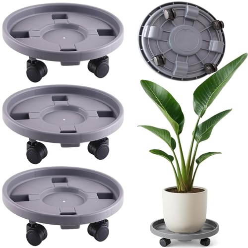 Rolling Plant Stand with Wheels 3 Pack 12 Inch Plant Caddy with Wheels Heavy Duty Plant Dolly Roller Base with Wheels Round Flower Pot Rack Holder Planter Trolley Tray, Grey - color: Grey, size: 12 inch