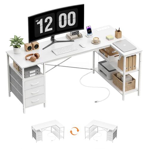 Alpen L Shaped Computer Desk, 47.2 Inch Corner Desk with Drawers and Power Outlets, Home Office Desk for Gaming, Study Writing PC Table with Storage and Reversible Shelf, White - color: White, size: 47.2 Inches