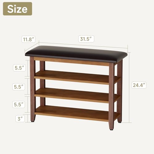 Shoe Bench with Leather Cushion,Rubberwood Bench with Shoe Rack | 3-Tier Shoe Storage Organizer for Entryway,Hallway,Living Room - size: 3-Tier-31.5"