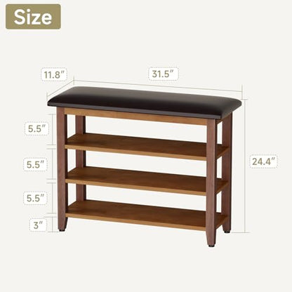 Shoe Bench with Leather Cushion,Rubberwood Bench with Shoe Rack | 3-Tier Shoe Storage Organizer for Entryway,Hallway,Living Room - size: 3-Tier-31.5"