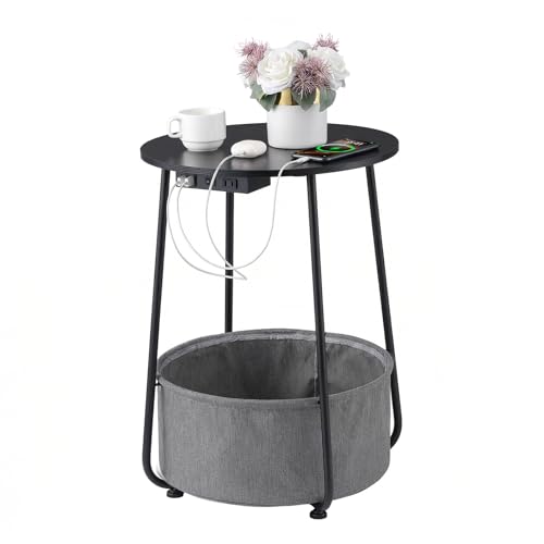 Round Side Table with Charging Station & USB Ports, Modern End Table Nightstand with Fabric Storage Basket, Matte White & Camel Brown Accent Table for Living Room, Bedroom (Black) - color: Black