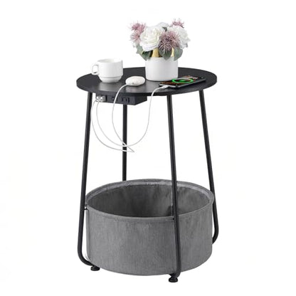 Round Side Table with Charging Station & USB Ports, Modern End Table Nightstand with Fabric Storage Basket, Matte White & Camel Brown Accent Table for Living Room, Bedroom (Black) - color: Black